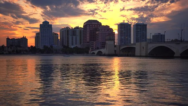 Dramatic sunset sky behind the skyline of West Palm Beach, Florida