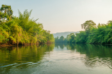 View of Khwae Yai river and trees from a floating raft at Kanchanaburi, Thailand