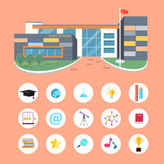 Set of School Icons. Building Book Devices. Vector