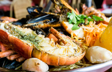 closeup mix seafood soup pot