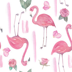 Watercolor seamless pattern with exotic flamingo, flowers. Summer decoration print for wrapping, wallpaper, fabric