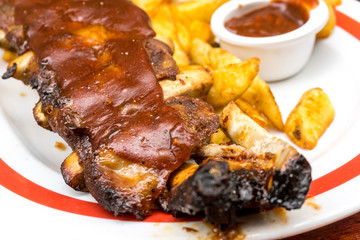 juicy steak beef meat with tomato and french fries