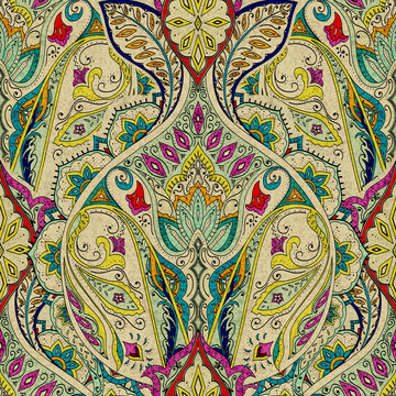 India seamless paisley pattern, decorative border for textile, wrapping, decor. Bohemian design
