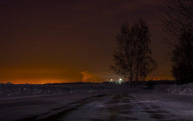 Lonely tree on the roadside on a winter's night on the background of city lights