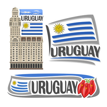 Vector logo Uruguay, isolated images: salvo palace in Montevideo on national state Uruguayan Flag, architecture symbol of uruguayan republic, simple flag uruguay near ceibo flower for independence day