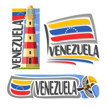 Vector logo Venezuela, 3 isolated images: isla margarita lighthouse on background national state Flag, architecture symbol of Venezuelan Republic, simple flag venezuela near flying venezuelan troupial