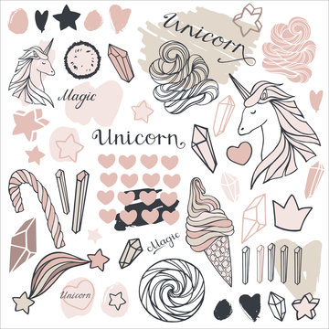 Hand drawn icons unicorns, crystals and sweets set on a white background. Hand drawn magic objects.