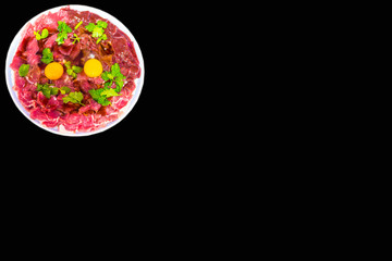 Sukiyaki Fresh Beef pork slices, Vegetable, Dinner Set isolated on black background