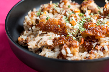Homemade Chinese fried rice with vegetables and fried eggs
