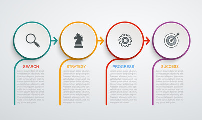 Infographic design template  with 4 step structure. Business data, flowchart, pie chart with lines.