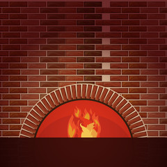 Christmas card with christmas decoration around fire place. Vector illustration.