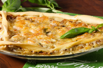 Pizza with meat,Basil,Bolognese sauce