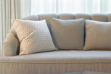 Comfy sofa with pillows in living room