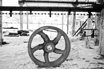 Iron steel wheel of motors old soviet industrial equipment.