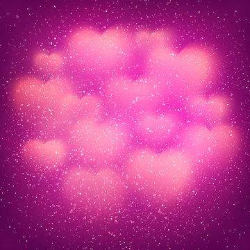 Valentines Day background with cloud of glowing blurred bokeh hearts and glitter confetti. Purple decorative light backdrop for wedding, romantic cards design. Colorful vector illustration.