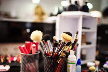 Professional make up brushes at beauty salon.