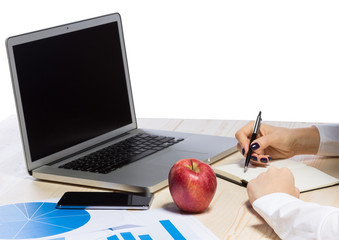 Business woman in an office holding red apple - Clipping Path