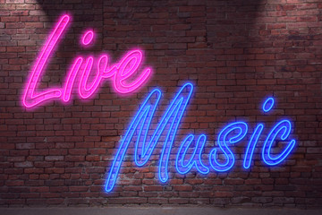 Plakat Leuchtreklame Live Music an Ziegelsteinmauer