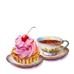 Party colorful tea cups and saucers with cake closeup. Sketch handmade. Postcard for Valentine's Day. Watercolor illustration.