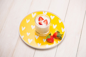 Strawberry Yoghurt. Healthy food with Strawberries and yoghurt breakfast on table.