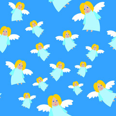 New Year Angels in Blue Dresses Seamless Pattern