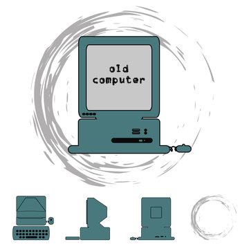 Vector PC illustrations. Front view. Old computer. It can be used in logo design, brochures, postcards, for websites, etc.