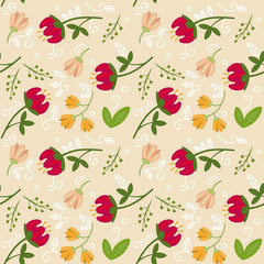 Seamless background pattern with colored floral ornamental decoration with flowers, leaves, swirls and plants. Vector, isolated, wallpaper, fabric or design.