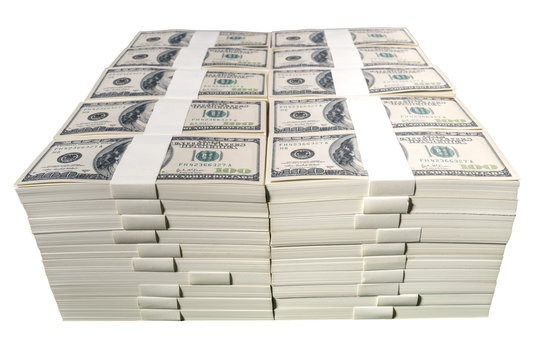 Stacks of one million US dollars in hundred dollar banknotes