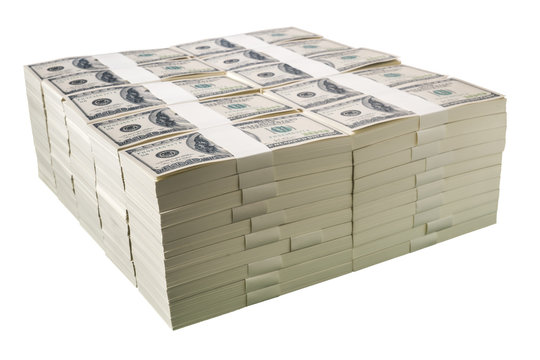 Stacks of one million US dollars in hundred dollar banknotes
