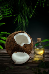 Close up view of nice fresh coconut on green leaf background