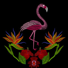 Embroidery stitches with flamingo bird with hibiscus flowers. Vector fashion ornament on black background for textile, fabric traditional folk decoration.