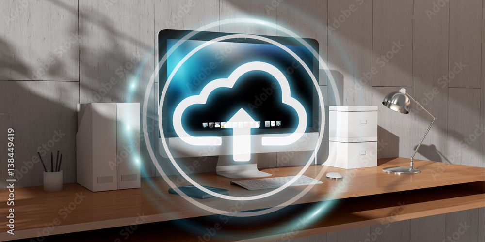 Poster Workplace with modern hologram cloud icon 3D rendering
