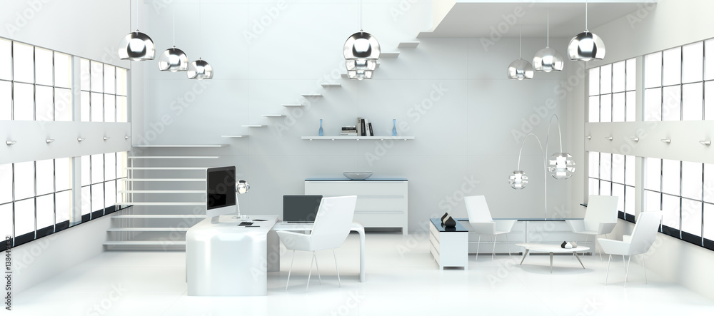 Poster Modern white office interior with computer and devices 3D rendering