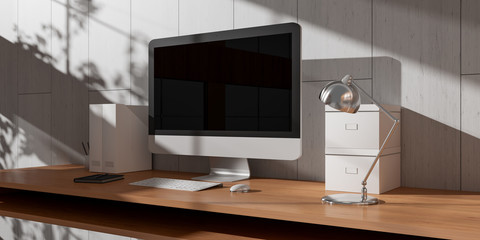 Modern dark desk office interior with computer and devices 3D rendering