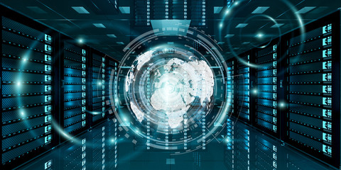 Graph holograms flying over server room data center 3D rendering