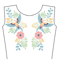 Embroidery stitches with spring swallow bird, wild flowers for neckline. Vector fashion ornament in pastel color for textile, fabric traditional folk decoration.