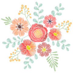 Embroidery stitches with wildflowers, spring flowers, grass, branches in pastel color. Vector fashion ornament for textile, fabric traditional folk floral decoration.