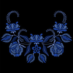 Embroidery with blue flowers, roses. Necklace for fabric, textile floral print. Fashion design for girl wear decoration. Tradition ornamental pattern. Vector illustration. - 138449653