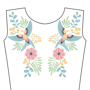 Embroidery stitches with spring swallow bird, wild flowers for neckline. Vector fashion ornament in pastel color for textile, fabric traditional folk decoration.