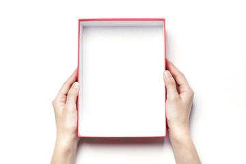woman hand hold a empty gift box isolated white.