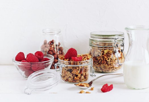 Granola with raspberries .Healthy breakfast ideas.Selective focus