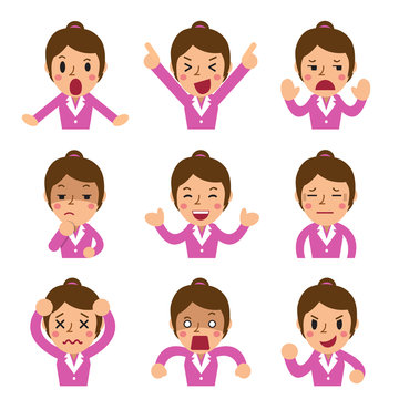 Cartoon businesswoman faces showing different emotions