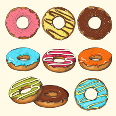 Big Set of hand drawn glazed colored donuts. Desert. Sweet life. Sketch. Vector 