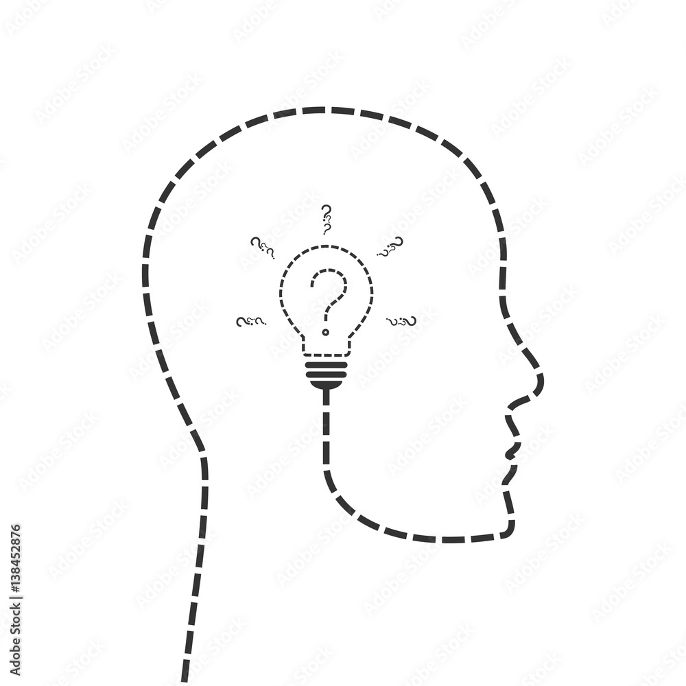 Poster thinking and planning concept. profile line made of dash line with lightbulb and question mark.