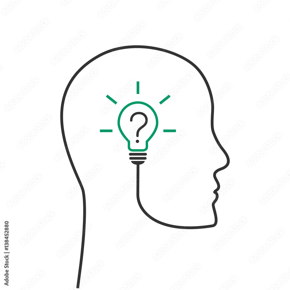 Poster thinking and problem solving concept with head and light bulb with question mark