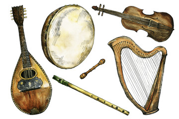 Watercolor and ink Irish folk music instruments