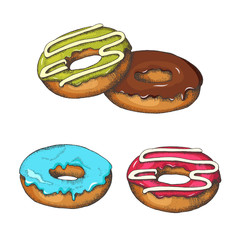 Vector collection of different glazed colored donuts isolated on white. Sketch, hand drawn.