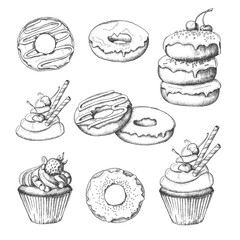 Vector Set with different donuts and cupcakes hand-drawn. Sketch. Vector