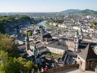 Top view of the Salzach river and the old city in center of Salzburg, Austria, from the walls of the fortress / Festung Hohensalzburg /