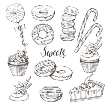 Sweet set of candies, macaroons, donuts, cake and cupcakes isolated on white. Hand drawn, Sketch.